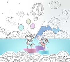 Cozy bedroom with whimsical wall mural and cartoon girls, featuring a bed with white comforter and gray blanket.