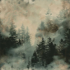 Serene forest scene wallpaper with misty trees in shades of green and gray, evoking a sense of tranquility and connection to nature.
