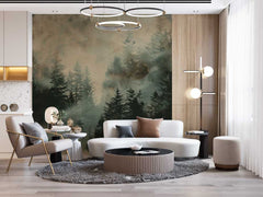 Serene forest scene wallpaper with misty trees in shades of green and gray, evoking a sense of tranquility and connection to nature.
