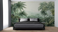 Modern living room with lush tropical greenery wallpaper and minimalist decor.