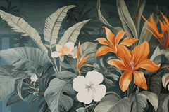 Vibrant tropical design featuring large flowers and foliage on a dark green backdrop, creating a calming and natural ambiance in a modern living space.