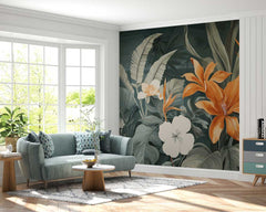 Vibrant tropical design featuring large flowers and foliage on a dark green backdrop, creating a calming and natural ambiance in a modern living space.
