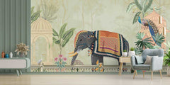 Decorated elephant and peacock on a balcony with intricate patterns and colors, surrounded by lush greenery and ornate architecture.