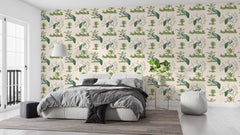 Elegant bedroom featuring peacock patterned wallpaper, comfortable bed, and soft decor