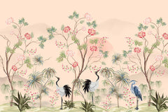 Elegant room with floral pattern on wall and soft, warm decor