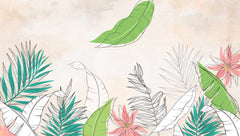 A beautiful botanical wallpaper featuring large green leaves and pink flowers in a modern and elegant design.