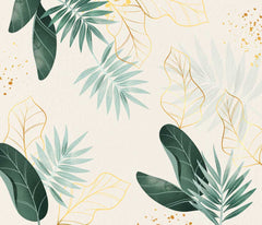 A stunning tropical leaf wallpaper with gold outlines and splatters, creating a sophisticated ambiance in a cozy seating area.