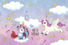 Flying unicorn nursery wallpaper with soft clouds and fantasy theme