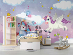 Flying unicorn nursery wallpaper with soft clouds and fantasy theme