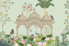 Nature-inspired wallpaper with birds and plants in a traditional art style