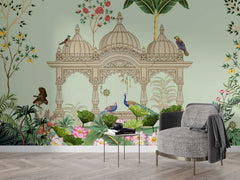 Nature-inspired wallpaper with birds and plants in a traditional art style