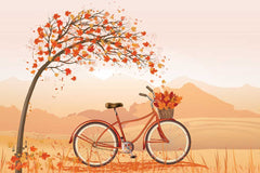 A beautiful autumn-themed wallpaper featuring a bicycle, tree, and rolling hills, adding a touch of warmth and coziness to a modern living room.