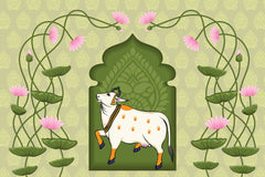 Decorative wallpaper with illustrated Indian cows and folk art elements

