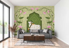 Decorative wallpaper with illustrated Indian cows and folk art elements

