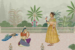 Heritage wallpaper with Mughal royal lady, lush garden, and historic elements