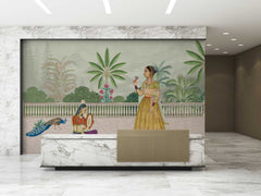 Heritage wallpaper with Mughal royal lady, lush garden, and historic elements