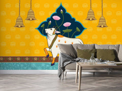 Wall décor with Pichwai cow artwork in ethnic and spiritual design style


