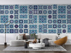 Traditional mandala motifs in repeating pattern used for calm and artistic wall decor.

