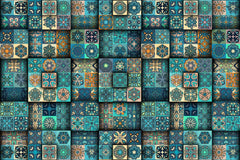 Artistic wallpaper showing patchwork patterns of stitched blocks, florals, and checks.