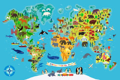 Animal world map wallpaper featuring illustrated continents and regional wildlife.