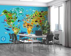 Animal world map wallpaper featuring illustrated continents and regional wildlife.