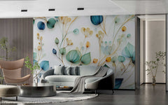Decorative wallpaper with sketched floral designs and artistic botanical patterns.
