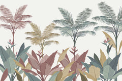Wall mural with lush greenery and realistic plant illustrations for home decor.