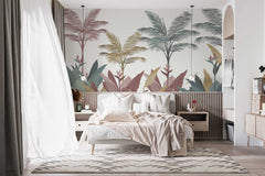 Wall mural with lush greenery and realistic plant illustrations for home decor.