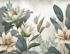 A serene bedroom oasis with a stunning floral wallpaper, plush bedding, and modern furniture.