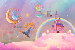 Decorative wall design with enchanted castle and fantasy scenery for a kids bedroom.