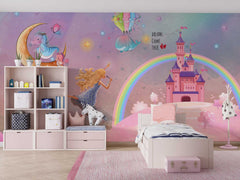 Decorative wall design with enchanted castle and fantasy scenery for a kids bedroom.