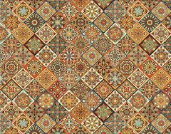 A colorful wallpaper with a dynamic diamond-shaped pattern, featuring a mix of floral motifs and geometric shapes in a range of warm and cool tones.