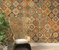 A colorful wallpaper with a dynamic diamond-shaped pattern, featuring a mix of floral motifs and geometric shapes in a range of warm and cool tones.