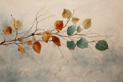 Botanical wallpaper featuring falling acacia leaves in rustic autumn tones.