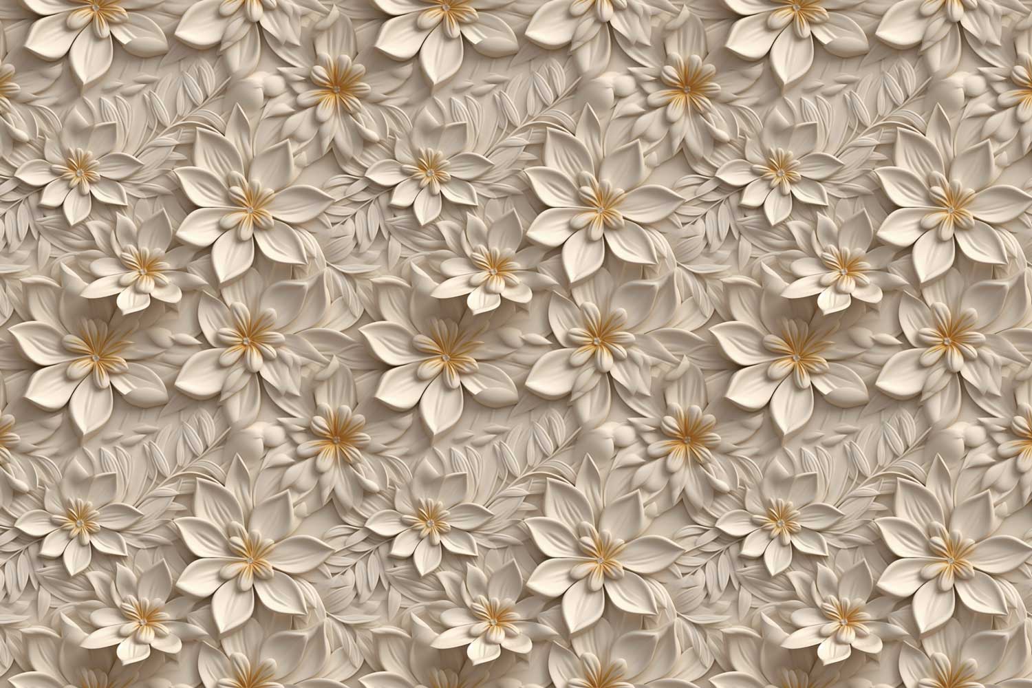 Pattern of white flowers with gold centers on a beige background. wallpaper, customize design, wall decore, wall graphics