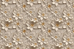 Pattern of white flowers with gold centers on a beige background. wallpaper, customize design, wall decore, wall graphics
