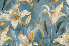 Pattern of white and gold flowers on a blue background. customized wallpaper, wall graphics, design, wall decore