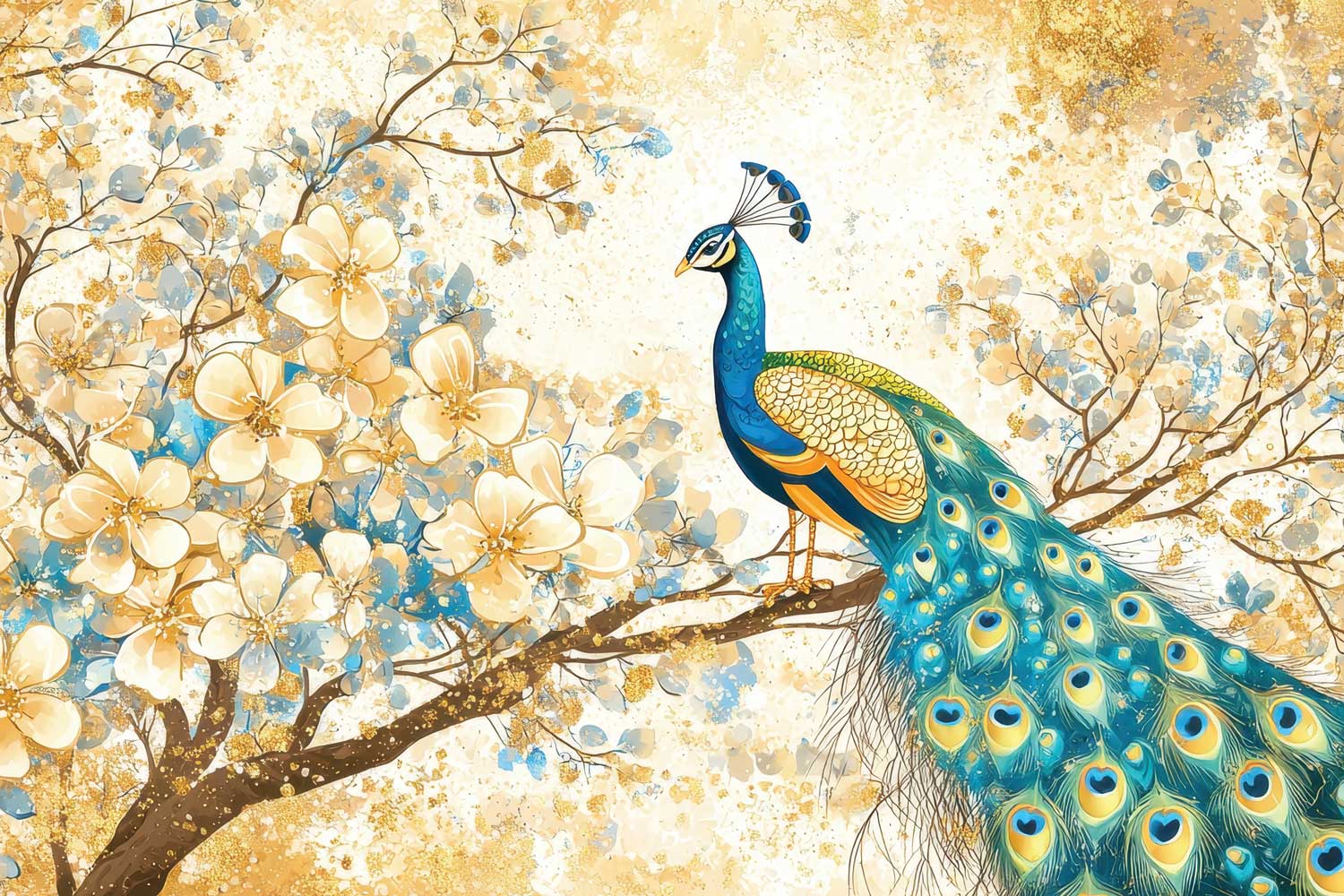 Decorative image of a peacock on a floral branch with a gold and blue . background. wallpaper, wa;; decor, customized wallpaper, design