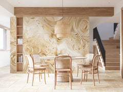 Dining area with a decorative wall mural and wooden furniture. wallpaper, customized wallpaper, design, wall grapics, 