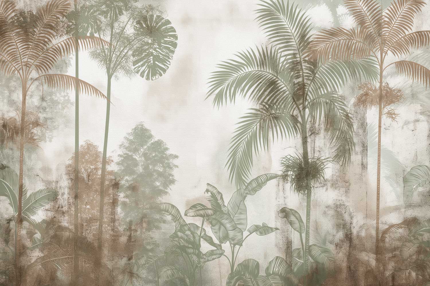 Tropical plant wallpaper with palm trees and other foliage on a textured background. wallpaper, wall graphics, customize wallpaper, design, wall decor