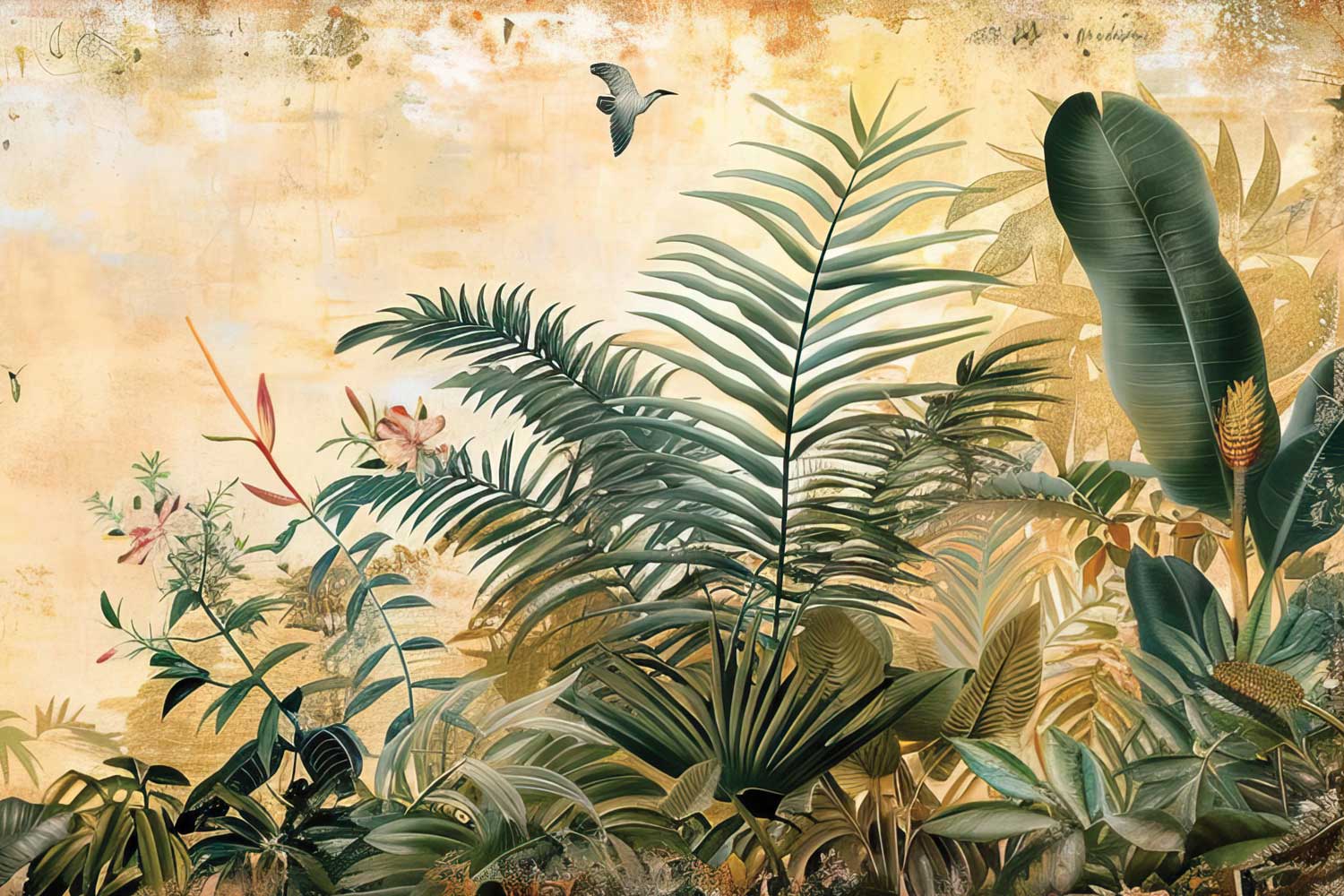 Tropical plant scene with leaves and flowers on a beige background. wallpaper, customized wallpaper, wall decor, wall graphics, design