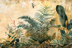 Tropical plant scene with leaves and flowers on a beige background. wallpaper, customized wallpaper, wall decor, wall graphics, design