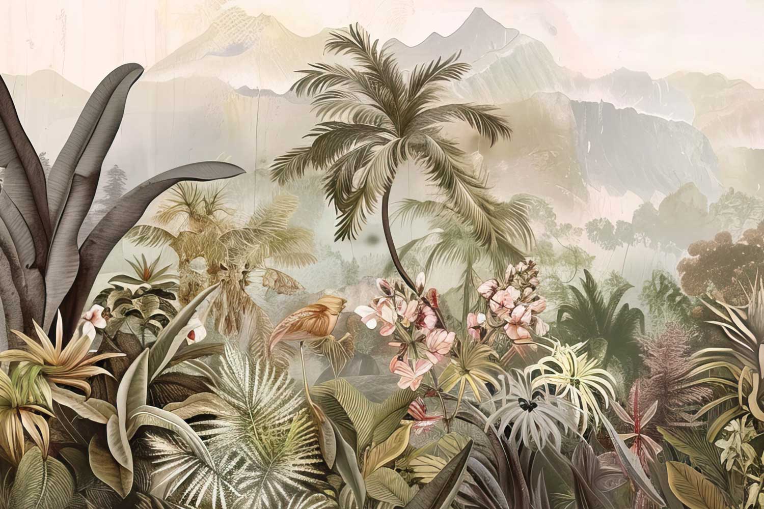 Tropical forest scene with palm trees and flowers on a mountainous background. wallpaper, wall graphics, design, customize wallpaper.
