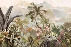 Tropical forest scene with palm trees and flowers on a mountainous background. wallpaper, wall graphics, design, customize wallpaper.