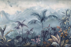 Framed artwork of a tropical landscape with palm trees and mountains.wallpaper, design, wall graphics, customized wallpaper, wall decor