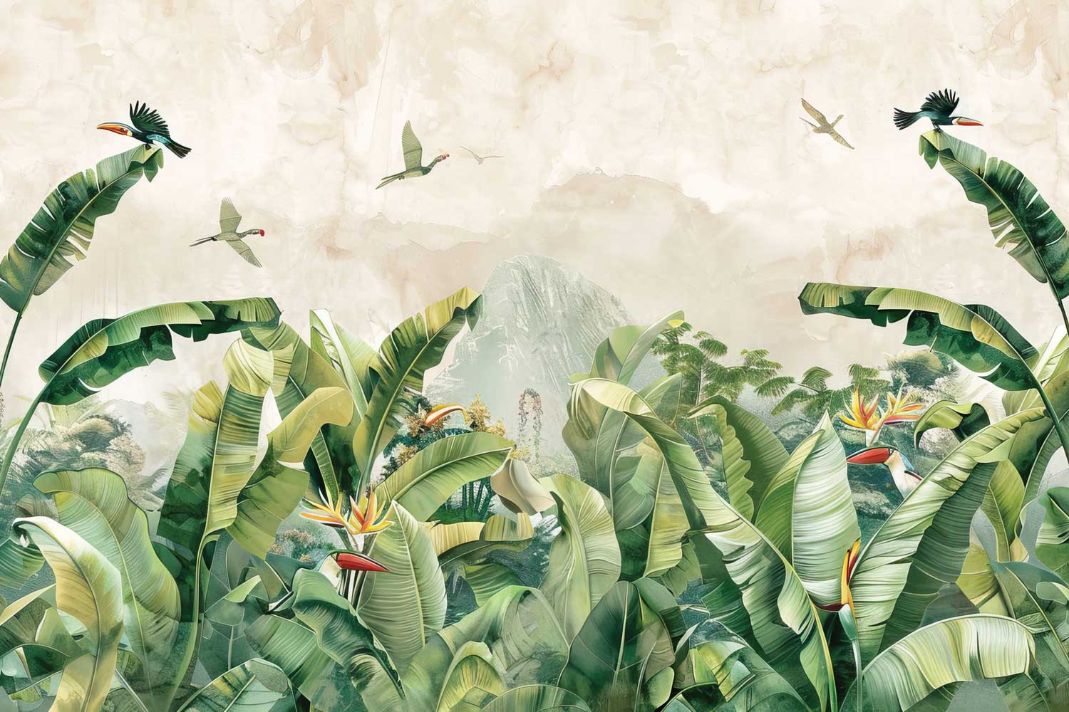 Illustration of a tropical jungle with birds and mountains in the background