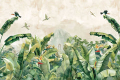 Illustration of a tropical jungle with birds and mountains in the background