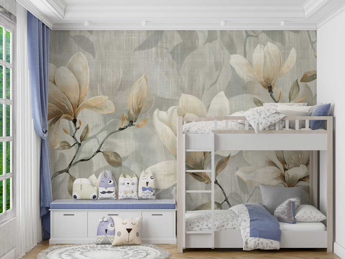 Children's room with floral wallpaper, bunk bed, and decorative items.