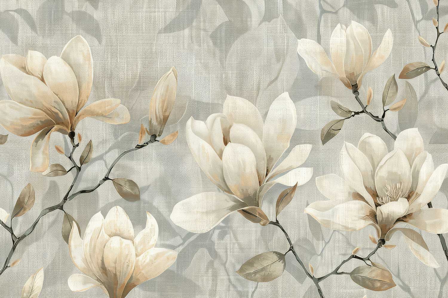Decorative wallpaper with beige floral branches on a textured gray background