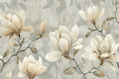 Decorative wallpaper with beige floral branches on a textured gray background